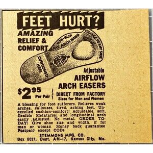 Stemmons Mfg. "Feet Hurt? Airflow Arch Easers" Vintage Print Ad 1957